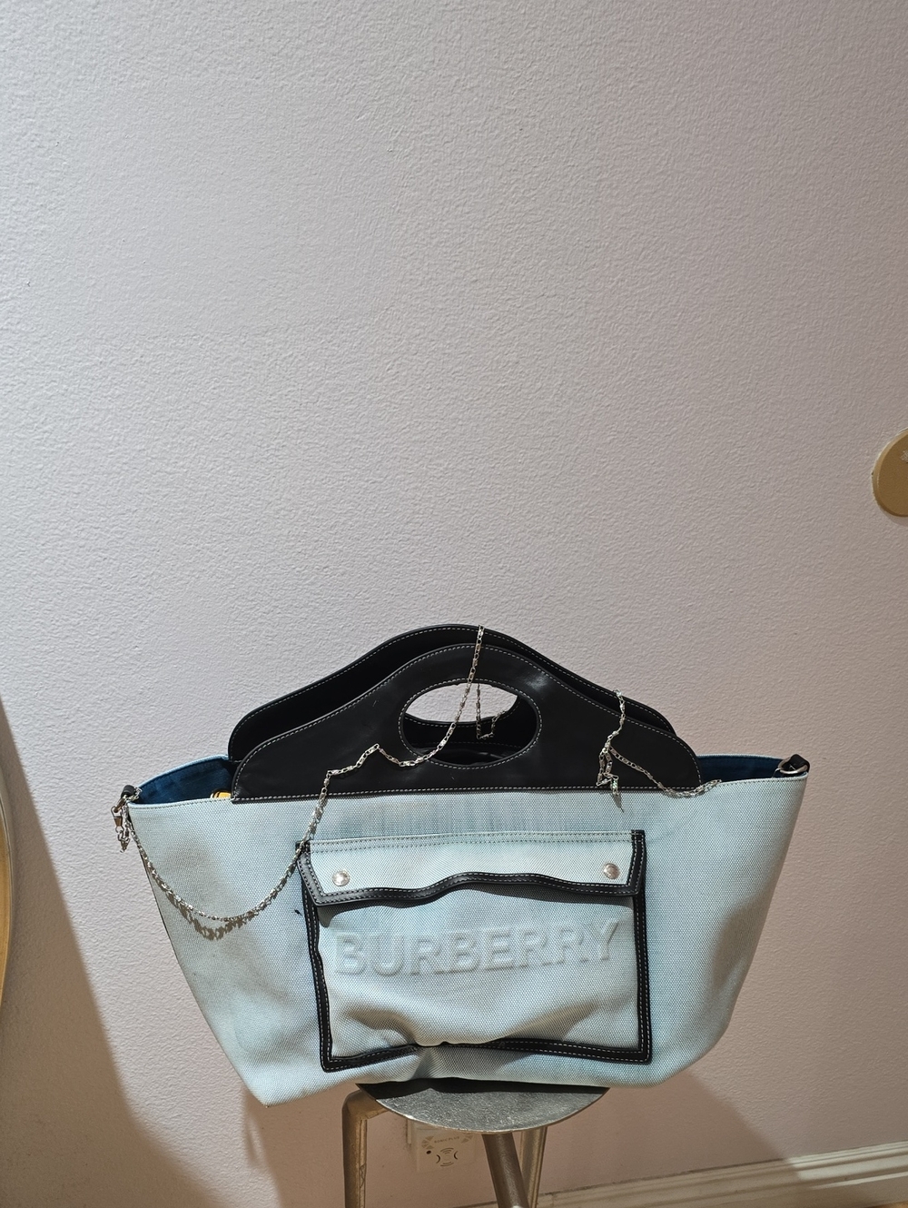 Burberry Light Blue Canvas Tote with Black Trim and Chain Strap Authentic